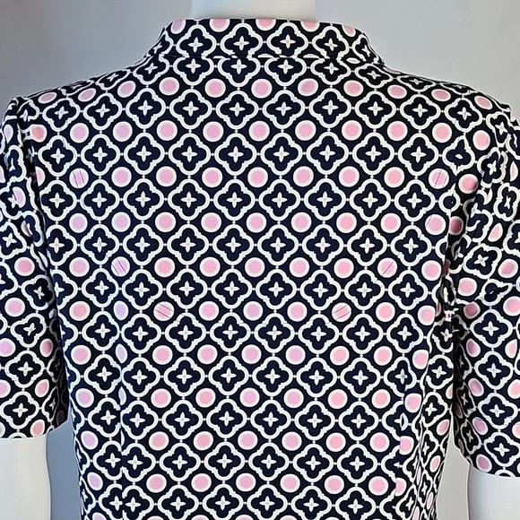 Talbots Navy & Pink Geometric Print Split Mockneck Short Sleeve Shift Dress - Picture 11 of 16